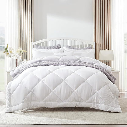 Comforter King Size, 7 Pieces Luxurious All Season Cooling Fluffy Soft Quilted Down Alternative Comforter (102x90 Inch), Box Stitched (White Square, King)