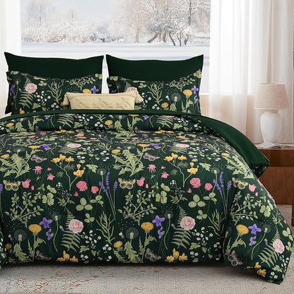 Yiran Dark Green California King Comforter Set, 7 Piece Summer Floral Comforter Bedding Set, Bed in a Bag with Flowers Pattern, Soft Microfiber Complete Bedding Set with Sheets for All Season