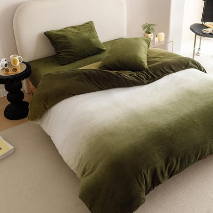 CLOTHKNOW Green White Fluffy Queen Comforter Set Velvet Bedding Comforter Sets Olive Green Comforter Soft Comforter Queen with 2 x Pillow Cases