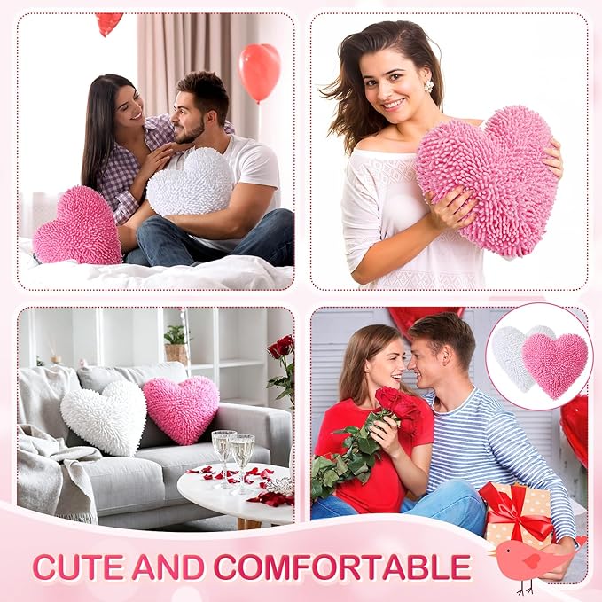 2 Pcs Valentine's Day Heart Shaped Pillow 14 Inch Heart Chenille Pillow Cushion Plush Soft Throw Cushion with Removable Cover for Sofa Couch Bed Women Valentine's Gifts(White, Pink)