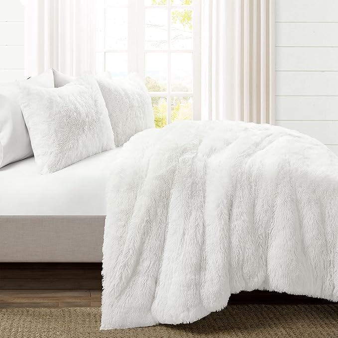 Lush Decor Emma Soft Fluffy Faux Fur Oversized Duvet Cover Set, King, White - Warm Plush 3 Piece Bedding Set