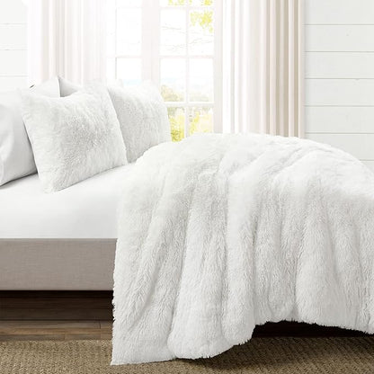 Lush Decor Emma Soft Fluffy Faux Fur Oversized Duvet Cover Set, King, White - Warm Plush 3 Piece Bedding Set