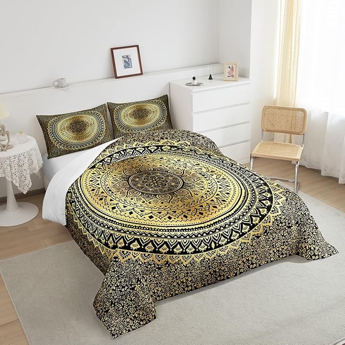 Hippie Mandala Comforter Set Twin Size for Boys Kids Gold Mandala Room Decor Psychedelic Comforter Teens Bedroom Indian Boho Bedding Set All Season 1 Comforter with 1 Pillow Case,Lightweight Warm Soft