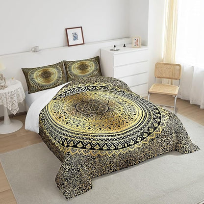 Hippie Mandala Comforter Set Twin Size for Boys Kids Gold Mandala Room Decor Psychedelic Comforter Teens Bedroom Indian Boho Bedding Set All Season 1 Comforter with 1 Pillow Case,Lightweight Warm Soft