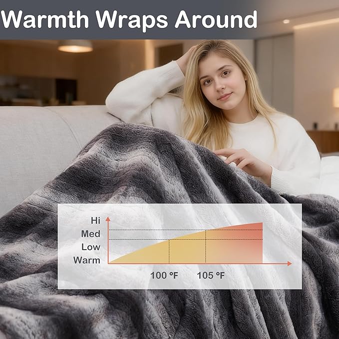 Electric Heated Blanket Throw Size 50"x60", Fast Heating Throw, Plush Faux Fur for Sofa & Office,4 Heating Levels & 4 Hours Auto Off, Machine Washable, Gifts for Family-Gray White