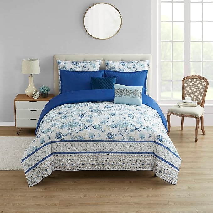 King Size Comforter Set 7 Piece Ultra Soft Fashion Printed Bedding Sets with Shams, Decorative Throw Pillows, and Pillowcases, King, Margolis