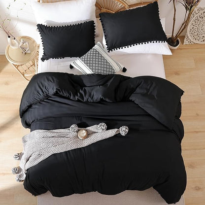 YIRDDEO Twin Comforter Set - Comforter Twin Size Bed with Ball Pom Fringe, Soft Bedding Set for All Seasons - 2 Pieces, 1 Comforter (66"x90") & 1 Pillow Sham(20"x26"), Black