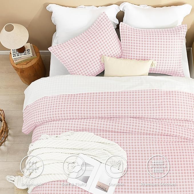 Andency Pink Gingham Comforter Set Full(79x90Inch), Blush Checkered Grid Plaid Buffalo Bed Set for Girls Boys Kids Teens, 3 Pieces Lightweight Microfiber Geometric Preppy Bedding