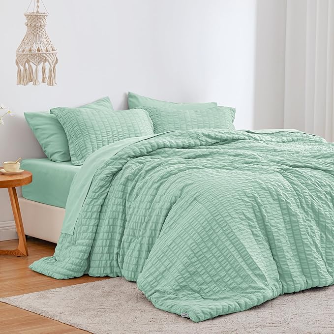 Love's cabin Seersucker Light Green Twin XL Comforter Set, 5-Piece All Season Lightweight Bed in a Bag Bedding Set with Comforter, Flat Sheet, Fitted Sheet, Pillowcase and Sham | Soft, Breathable, Lightweight