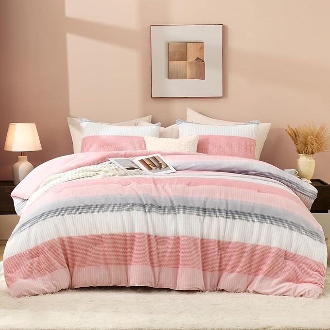Litanika Fluffy Fleece King Size Comforter Set, Luxury Soft Plush Fuzzy Blush Stripe Bedding Comforter Sets, Warm Shaggy Faux Fur Bed Set All Season (1 Comforter, 2 Pillowcases)