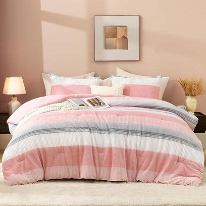 Litanika Fluffy Fleece King Size Comforter Set, Luxury Soft Plush Fuzzy Blush Stripe Bedding Comforter Sets, Warm Shaggy Faux Fur Bed Set All Season (1 Comforter, 2 Pillowcases)