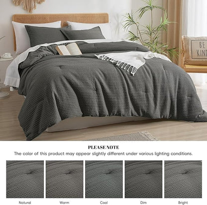 PHF Soft Waffle Comforter Set Queen Size- Comfy Breathable Waffle Weave Comforter with 2 Pillow Shams, 3 Pieces Less Snagging Lightweight Textured Bedding Set for All Season, Grey