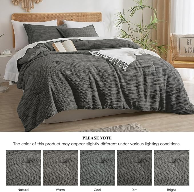 PHF Soft Waffle Comforter Set King Size- Comfy Breathable Waffle Weave Comforter with 2 Pillow Shams, 3 Pieces Less Snagging Lightweight Textured Bedding Set for All Season, Grey