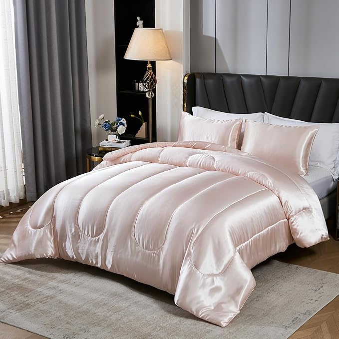 Satin Comforter Set Queen Silk Like Pink Bedding Set Luxury Hotel Silky Bed Home Deocr Sexy Silky Down Comforter Light Pink Bed Set