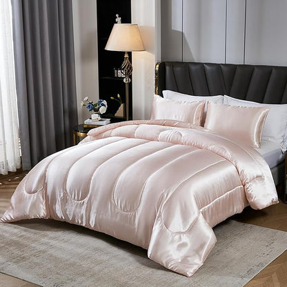 Satin Comforter Set Queen Silk Like Pink Bedding Set Luxury Hotel Silky Bed Home Deocr Sexy Silky Down Comforter Light Pink Bed Set