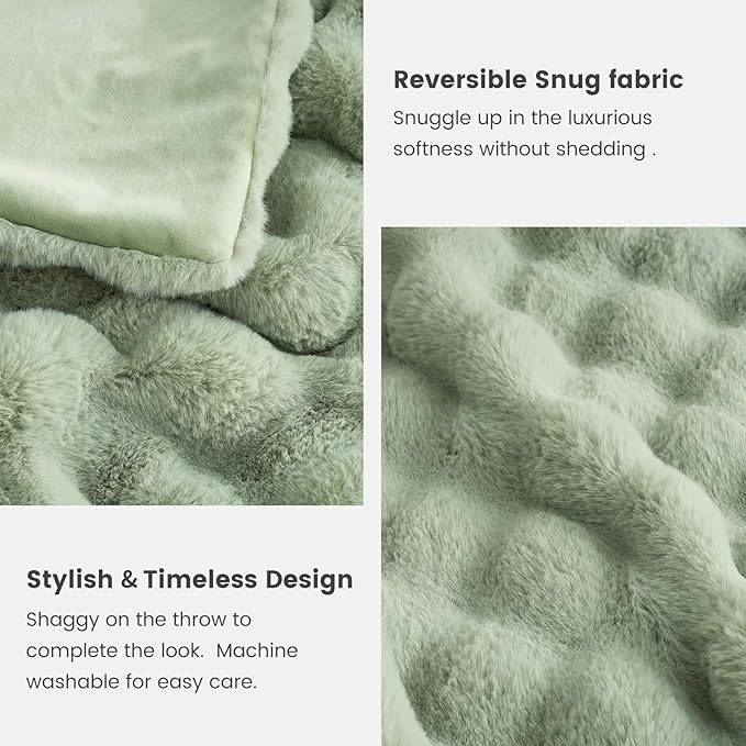 Cozy Bliss Faux Fur Throw Blanket for Bed King Size, Fuzzy Soft Plush Thick Bubble Blanket for Sofa Bedroom Living Room, 108 * 90 Inches Sage Green