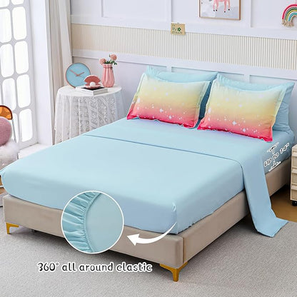 Drucon Girls Comforter Set Twin, 6 Pieces Bed in A Bag Gradient Colorful Pink Blue Ombre Glitter Bedding Set (1 Comforter, 1 Flat Sheet, 1 Fitted Sheet, 1 Pillow sham, 2 Pillowcases)