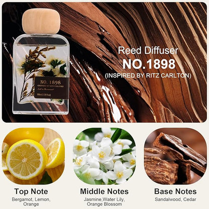 Luxury Hotel Scent Reed Diffuser 100ml (3.38oz) | No.1898 Hotel Collection Diffuser Oil Inspired by Ritz Carlton | Home, Bathroom & Office Decor | Long-Lasting Room Freshener Gift Set