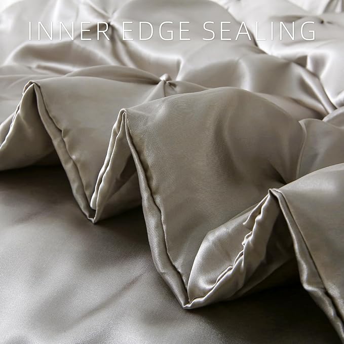 Satin Comforter Set King Size, 3-Piece Light Grey Pinch Pleat Bedding Sets, Comforter, Pillowcases, Offering Exceptionally Soft and Smooth Comfort for All Season Use