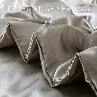 Satin Comforter Set Queen Size, 3-Piece Light Grey Pinch Pleat Bedding Sets, Comforter, Pillowcases, Offering Exceptionally Soft and Smooth Comfort for All Season Use