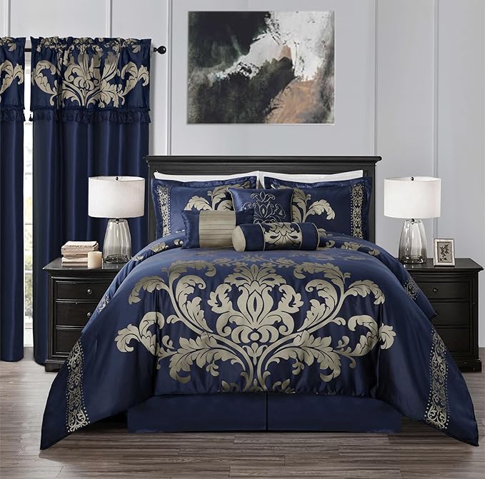 Chezmoi Collection 7-Piece Jacquard Floral Comforter Set (King, Navy/Gold)