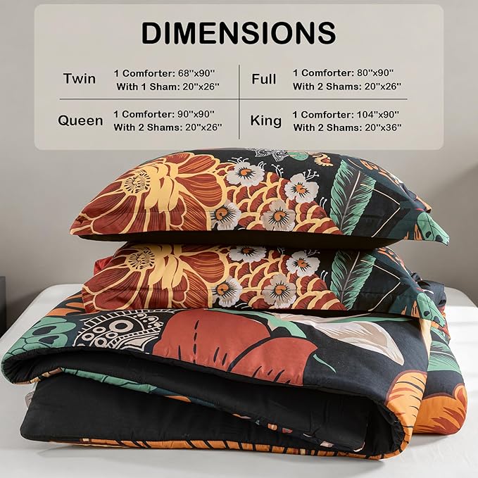 Black Boho Floral King Comforter Set - 3 Piece Farmhouse Botanical Bedding Comforter Sets for All Season Soft Lightweight Mid Century Modern Bed Set, (1 Reversible Comforter and 2 Pillow Shams