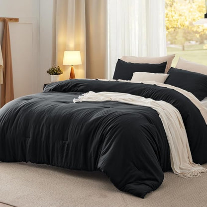 Bedsure Queen Comforter Set, Black Soft Prewashed Bedding for All Seasons, 3 Pieces GentleSoft™ Bed Set, 1 Lightweight Comforter (90"x90") and 2 Pillowcases (20"x26")