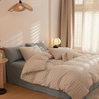 HighBuy Vintage Gingham Comforter King Size Yellow Blue Grid Bedding Comforter Set King with Sham Set 3 Piece Hotel Luxury Soft Checkered Comforter Set for King Bed,Cozy Fluffy Bedding Sets