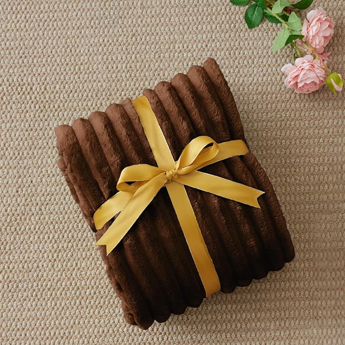 BEDELITE Fleece Throw Blanket for Couch - 300GSM Soft & Warm Fluffy Chotolate Brown Blanket, Decorative and Giftable Striped Blankets for Women, Men, 50"x60"