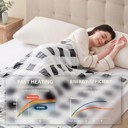 Homemate Electric Blanket Heated Twin Size - 62“x84“ Ultra Soft Cozy Flannel Heating Blanket with 10 Fast Heat Levels 8 Hours Auto Off Over-Heated Protection ETL Certification Keep Warm in Home