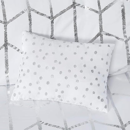Intelligent Design Raina Twin / Twin XL Comforter Set, Soft Microfiber Comforter Set Twin, Modern Geometric Metallic Bed Set, 4 Pieces College Bedding Comforter Set with 1 Sham, 2 Toss Pillows White