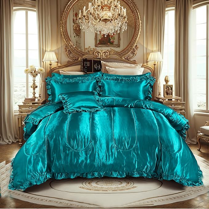 Silky Comforter Set with Sheet Set King 8 Pcs Peacock Green Bed in a Bag Green Bedding Set Silk Like Satin Ruffle Home Deocr Sexy Hotel Silky Bed Set with 1 Cushion Cover