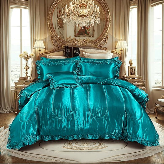 Silky Comforter Set with Sheet Set King 8 Pcs Peacock Green Bed in a Bag Green Bedding Set Silk Like Satin Ruffle Home Deocr Sexy Hotel Silky Bed Set with 1 Cushion Cover