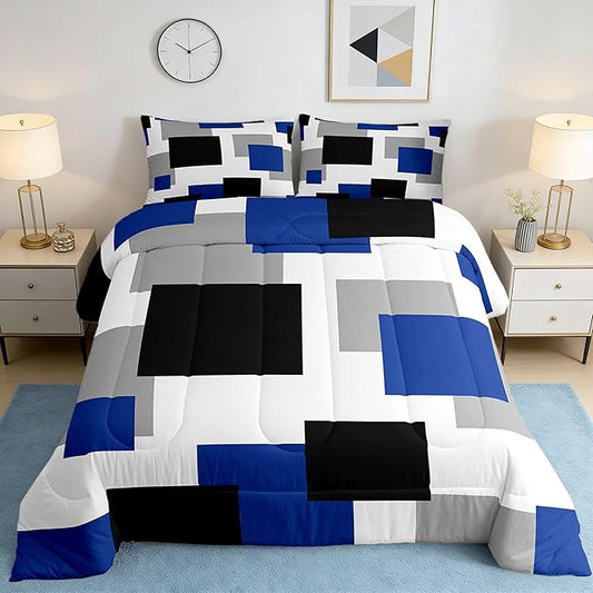 Castle Fairy Blue Black White Comforter Set Toddler Size 2 Pcs,Geometric Grid Splicing Bedding Set,Modern Abstract Quilt Set for Child Bedroom,Duvet Insert,1 Pillowcase