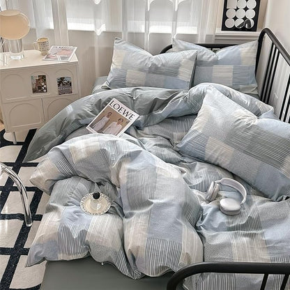 mixinni Queen Comforter Set Soft Aesthetic Blue Geometric Checkered Plaid Printed Bedding Comforter for Men Boys, 1 Soft Microfiber Reversible Comforter with 2 Pillowcases for All Seasons