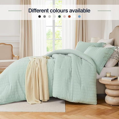 Sage Green Oversized Queen Comforter Set - 3 Pieces Seersucker Lightweight Bedding Comforter Sets (1 Soft Fluffy Comforter & 2 Pillowcases) - All Seasons Cozy Rustic Bed Sets for Women Men