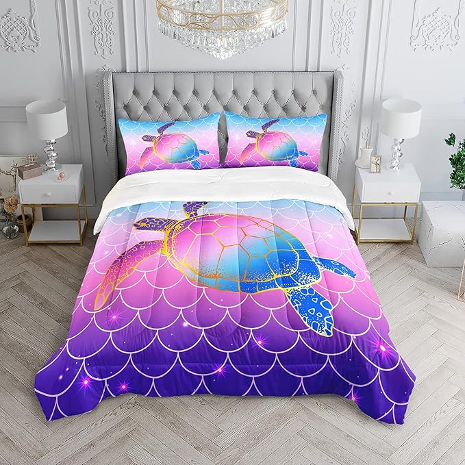 HOSIMA Mermaid Fish Scales Bedding Sets,Sea Turtle Comforter Rainbow Bedding Glitter Star Themed Full Comforter Set for Girls Kids Room Decor,Bed Set for Girls with 2 Pillowcases.