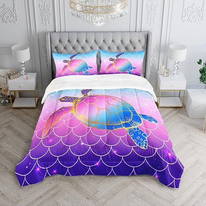HOSIMA Mermaid Fish Scales Bedding Sets,Sea Turtle Comforter Rainbow Bedding Glitter Star Themed Comforter Set Queen Size for Girls Kids Room Decor,Bed Set for Girls with 2 Pillowcases.