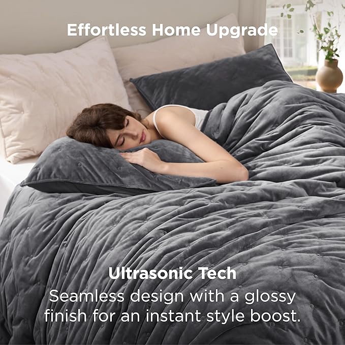 Bedsure Velvet Fleece Comforter Set King, Dark Grey Lightweight Quilted Bedding Set, Soft Warm Blanket for All Season, 3 Pieces, 1 Comforter (104" x 90") and 2 Pillow Shams (20" x 36")