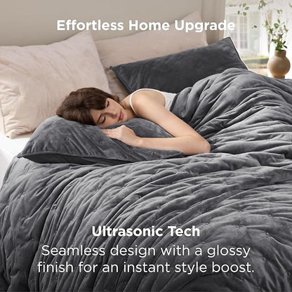 Bedsure Velvet Fleece Comforter Set King, Dark Grey Lightweight Quilted Bedding Set, Soft Warm Blanket for All Season, 3 Pieces, 1 Comforter (104" x 90") and 2 Pillow Shams (20" x 36")