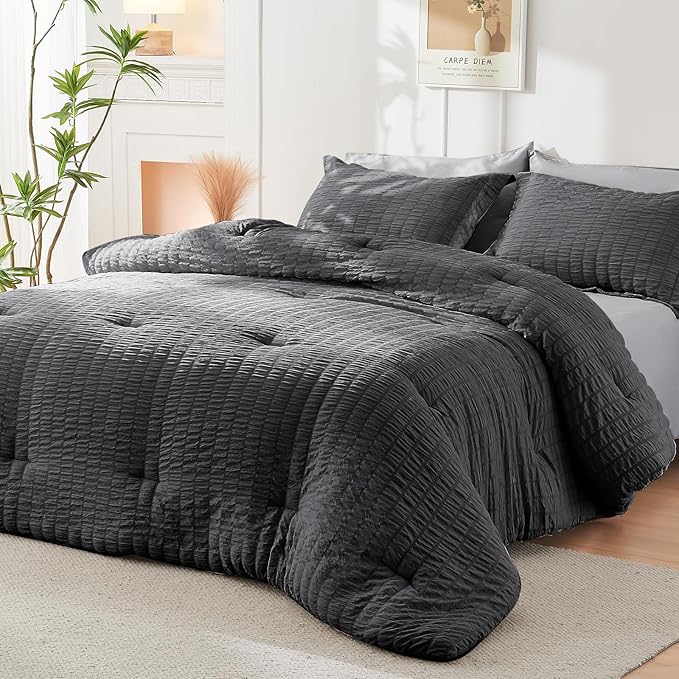 HYMOKEGE Dark Grey/Light Grey Full Size Comforter Sets Seersucker 7 Pieces, All Season Luxury Bed in a Bag for Bedroom, Bedding Set with Comforter, Sheets, Pillowcases & Shams