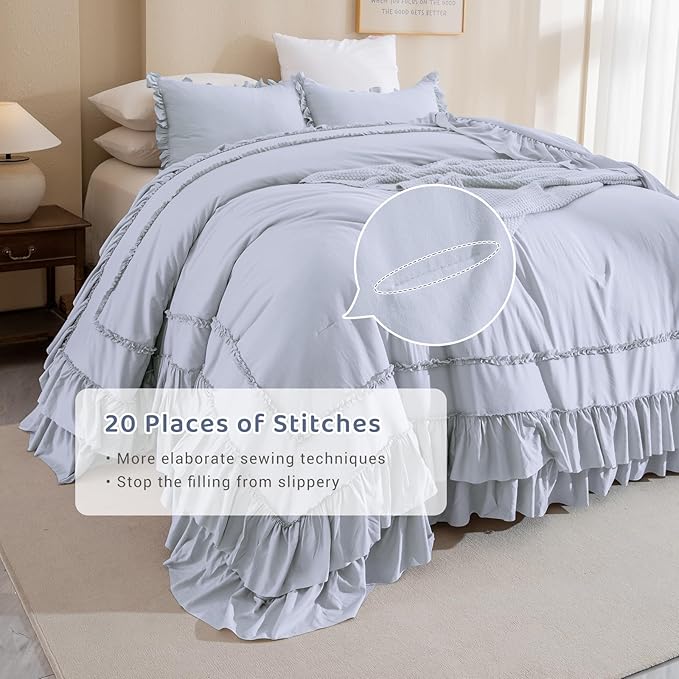 Sanracie Oversized King Comforter Sets 128" x 120", 3 Pieces Cornflower Blue Cotton Vintage Ruffle Bedding Comforter Set Lightweight Breathable Farmhouse Aesthetic Bedding Set