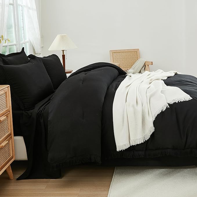 Andency Black King Size Comforter Set with Sheets - 7 Pieces Boho Tassel Bed in a Bag Soft Lightweight Bedding Sets, Black Fringe Bed Set with Comforter, Sheets, Pillowcases & Shams