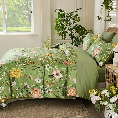 Yiran Sage Green Hibiscus Floral Comforter Set King Size, 7 Piece Bird Flowers Botanical Comforter Bedding Set, Vintage Bed in a Bag, Soft Microfiber Complete Bedding Set with Sheets for All Season