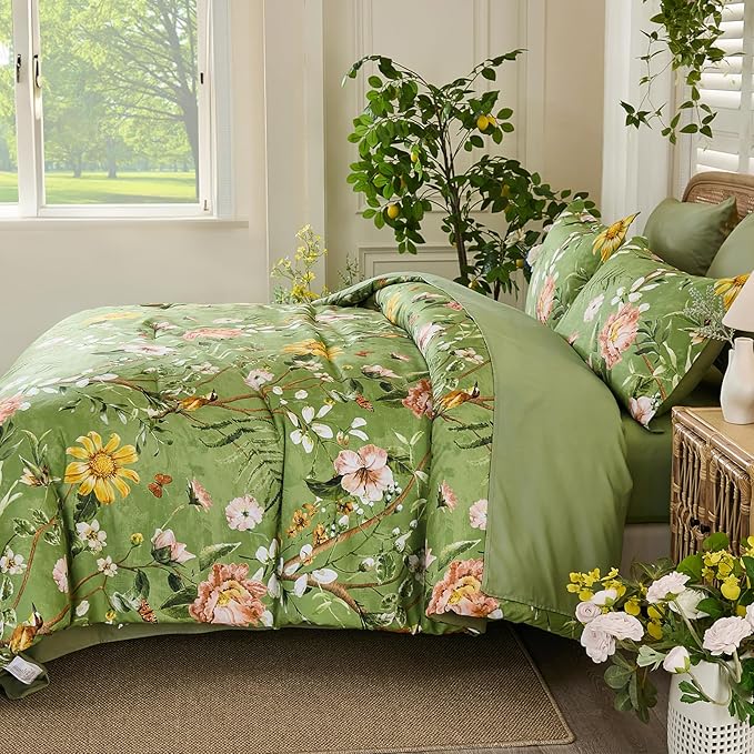 Yiran Sage Green Hibiscus Floral Comforter Set Queen Size, 7 Piece Bird Flowers Botanical Comforter Bedding Set, Vintage Bed in a Bag, Soft Microfiber Complete Bedding Set with Sheets for All Season