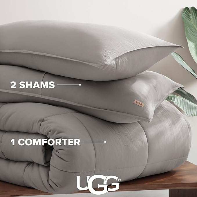 UGG Leonora Comforter Set with 2 Pillow Shams Lightweight Down Alternative Blanket Reversible Cozy Warm All Season Washable and Hypoallergenic Bedding Set, King, Light Grey