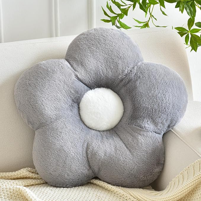 Flower Pillows, Soft Flower Shaped Pillow with Home Decorative for Couch Chair Bed,Flower Floor Throw Pillows for Adults Bedroom Living Room (Grey, 15 Inches)