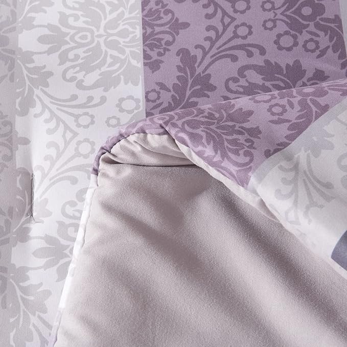 Sunshine Nicole Soft Brushed Microfiber Comforter Set, 7 Pieces King, with Light Weight Soft Poly Fill, Printed Purple Grey Florals Face with Light Grey Reverse
