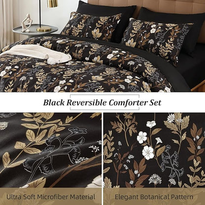 WONGS BEDDING Black and Gold Comforter Set Queen Size,7 Pieces Floral Bed in a Bag Botanical Microfiber Bedding Comforter Sets Soft Lightweight Bed Set with Sheet,Pillowcases&Shams