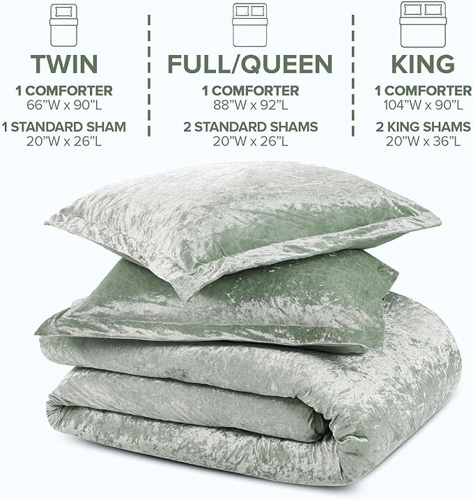 Comfort Spaces Luxe Queen Comforter Set Velvet Comforters for Queen Size Bed, Microfiber Reverse, Juliette, All Season Velvet Bedding Queen Size, Fluffy Bed Set, Sham, Full/Queen, Sage Green 3 Piece